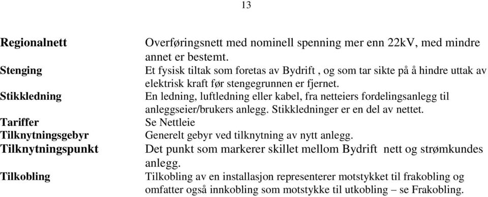 En ledning, luftledning eller kabel, fra netteiers fordelingsanlegg til anleggseier/brukers anlegg. Stikkledninger er en del av nettet.