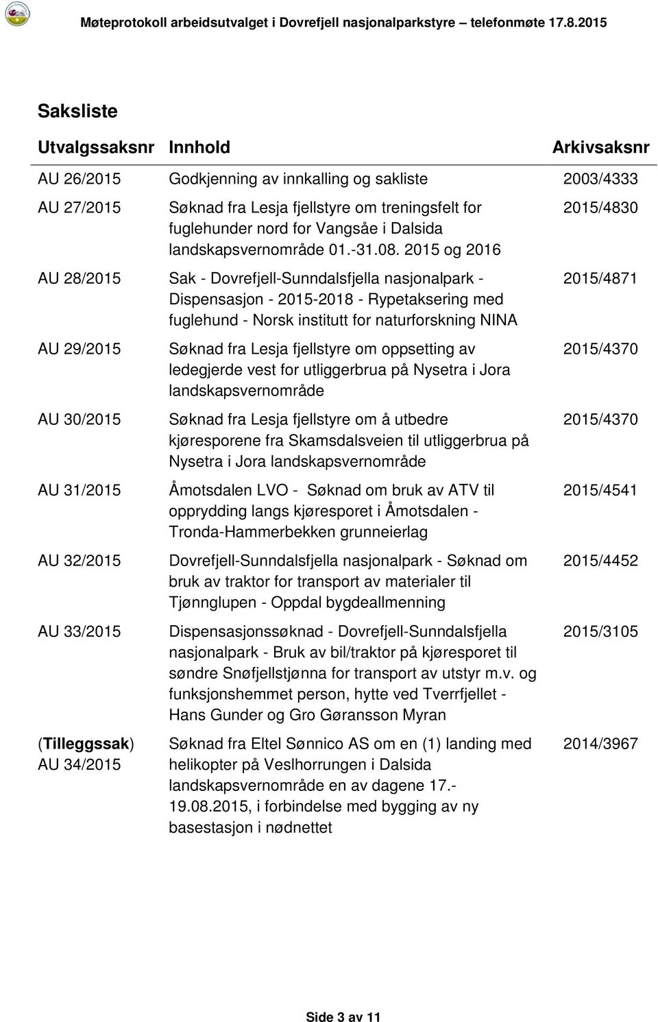 2015 og 2016 AU 28/2015 Sak - Dovrefjell-Sunndalsfjella nasjonalpark - Dispensasjon - 2015-2018 - Rypetaksering med fuglehund - Norsk institutt for naturforskning NINA AU 29/2015 AU 30/2015 AU