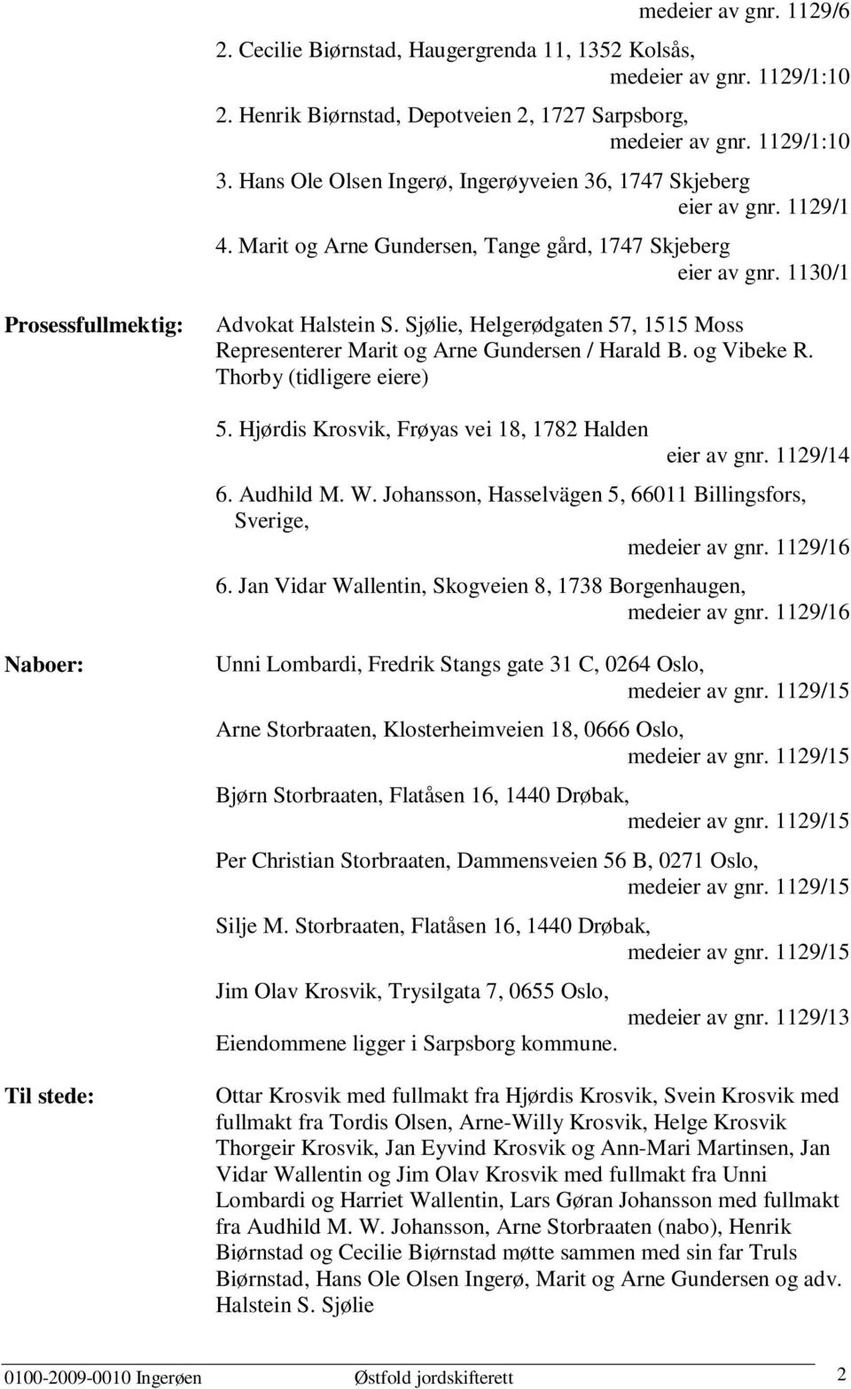 Sjølie, Helgerødgaten 57, 1515 Moss Representerer Marit og Arne Gundersen / Harald B. og Vibeke R. Thorby (tidligere eiere) 5. Hjørdis Krosvik, Frøyas vei 18, 1782 Halden eier av gnr. 1129/14 6.