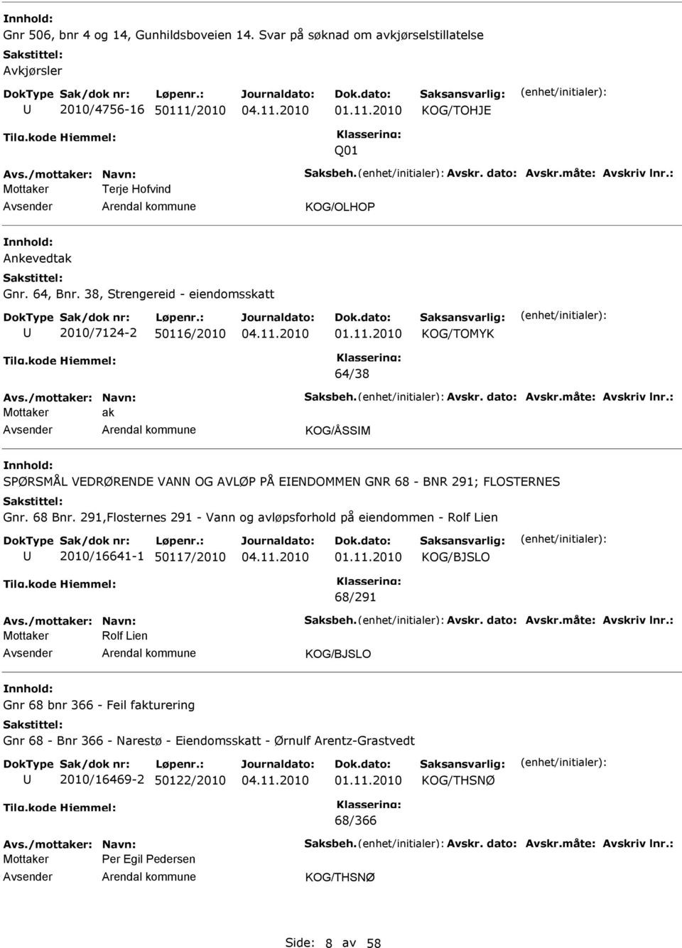 : Mottaker ak KOG/ÅSSM SPØRSMÅL VDRØRND VANN OG AVLØP PÅ NDOMMN GNR 68 - BNR 291; FLOSTRNS Gnr. 68 Bnr.