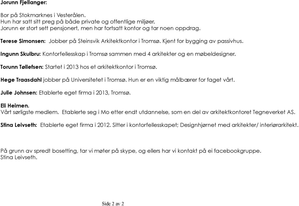 Torunn Tøllefsen: Startet i 2013 hos et arkitektkontor i Tromsø. Julie Johnsen: Etablerte eget firma i 2013, Tromsø. Eli Heimen. Hege Traasdahl jobber på Universitetet i Tromsø.