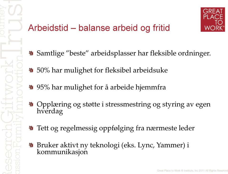 50% har mulighet for fleksibel arbeidsuke 95% har mulighet for å arbeide hjemmfra