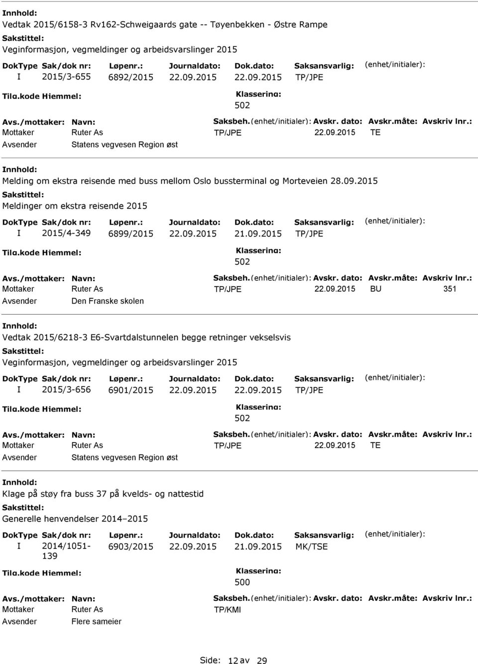 /mottaker: Navn: Saksbeh. Avskr. dato: Avskr.måte: Avskriv lnr.: B 351 Den Franske skolen Vedtak 2015/6218-3 E6-Svartdalstunnelen begge retninger vekselsvis 2015/3-656 6901/2015 Avs.