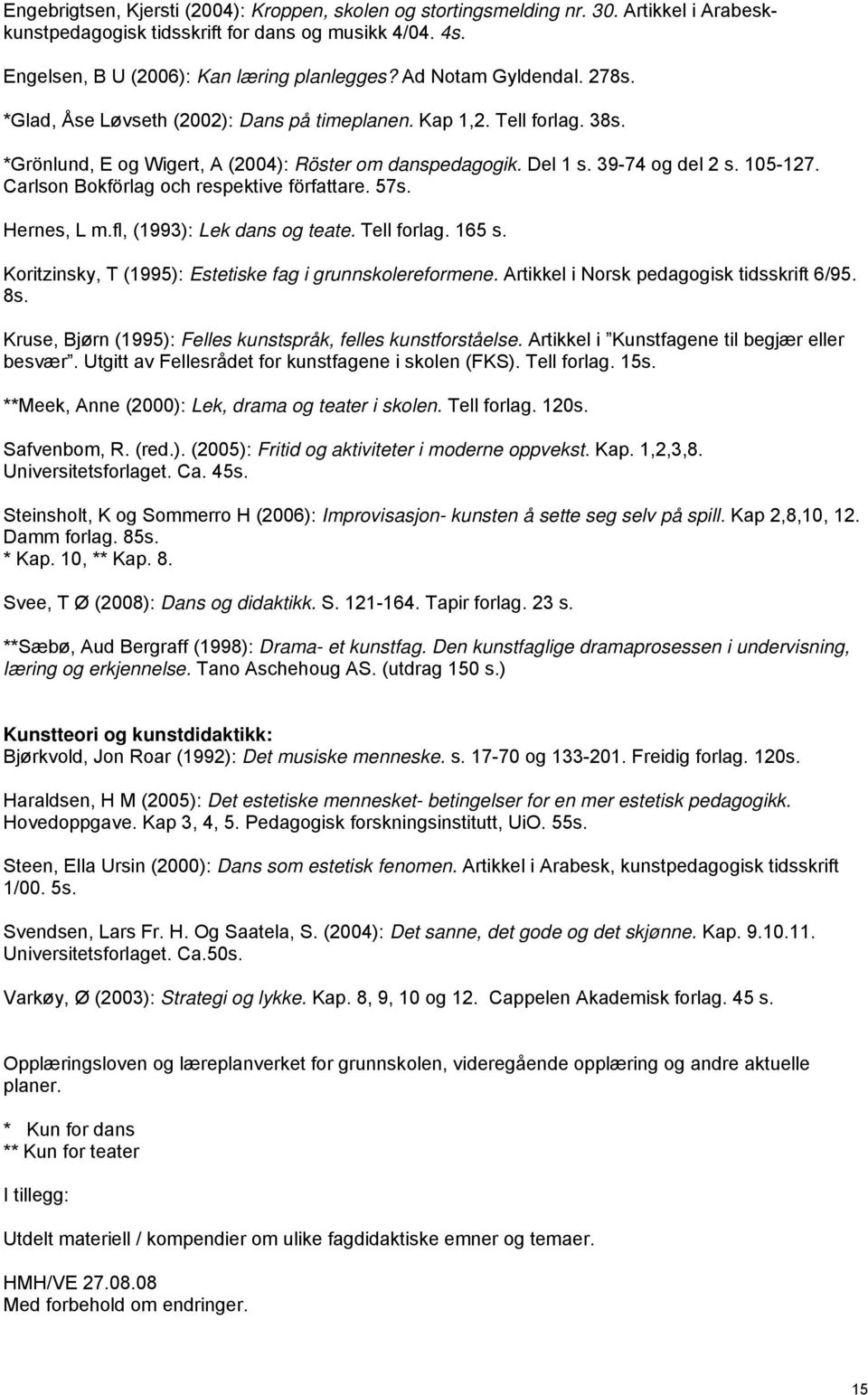 Carlson Bokförlag och respektive författare. 57s. Hernes, L m.fl, (1993): Lek dans og teate. Tell forlag. 165 s. Koritzinsky, T (1995): Estetiske fag i grunnskolereformene.