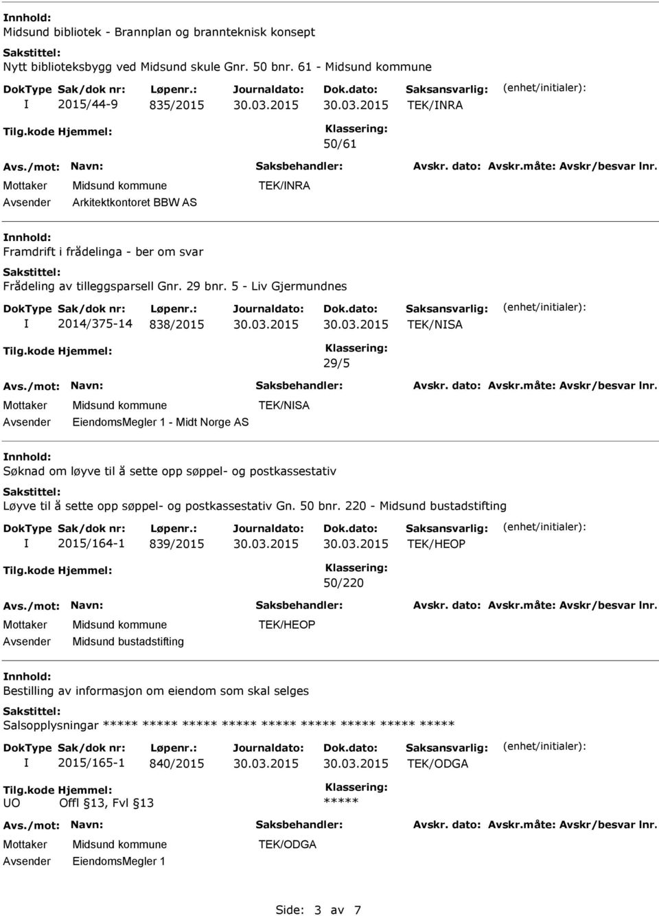 5 - Liv Gjermundnes 2014/375-14 838/2015 TEK/NSA 29/5 EiendomsMegler 1 - Midt Norge AS TEK/NSA nnhold: Søknad om løyve til å sette opp søppel- og postkassestativ Løyve til å sette