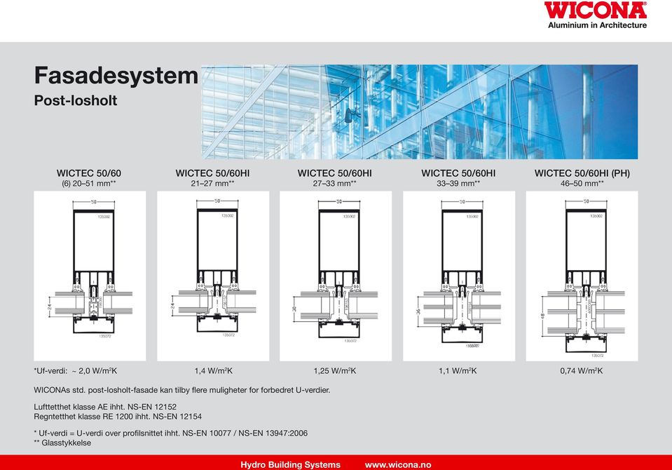 WICONAs std. post-losholt-fasade kan tilby flere muligheter for forbedret U-verdier. Lufttetthet klasse AE ihht.