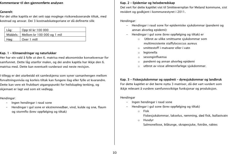 matrisa med økonomiske konsekvensar for samfunnet. Dette låg utanfor malen, og dei andre kapitla har ikkje den 6. matrisa med. Dette kan eventuelt vurderast ved neste revisjon. Kap.