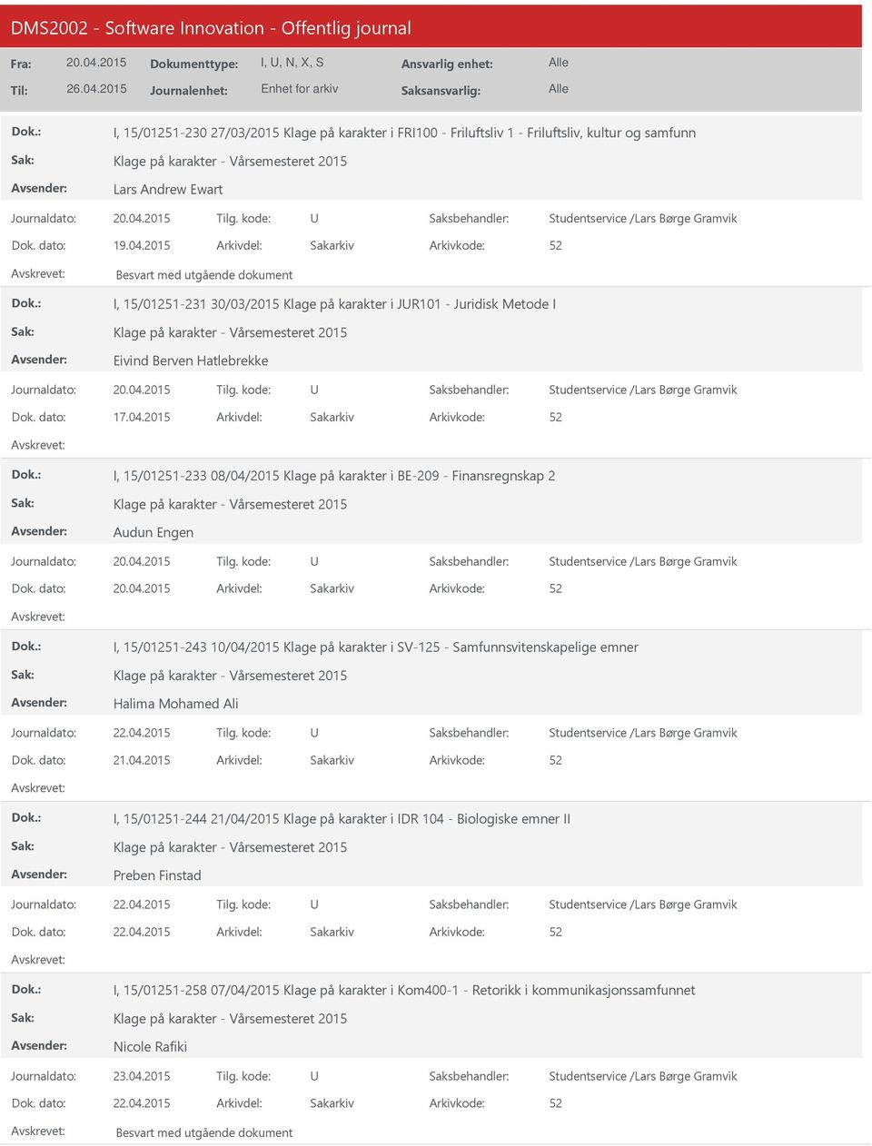 2015 Besvart med utgående dokument I, 15/01251-231 30/03/2015 Klage på karakter i JR101 - Juridisk Metode I Klage på karakter - Vårsemesteret 2015 Eivind Berven Hatlebrekke Studentservice /Lars Børge