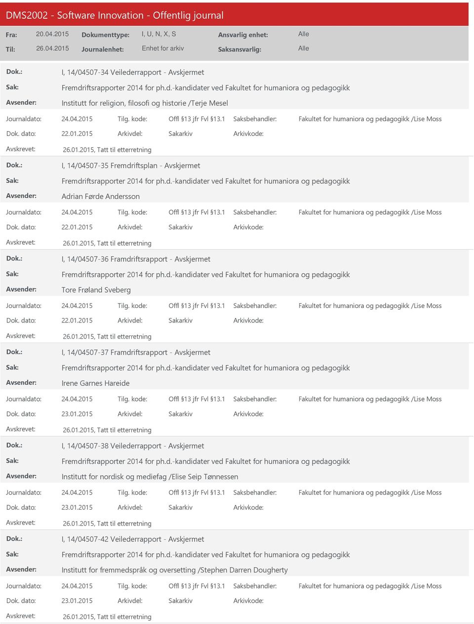 d.-kandidater ved Fakultet for humaniora og pedagogikk Tore Frøland Sveberg 22.01.2015 26.01.2015, Tatt til etterretning I, 14/04507-37 Framdriftsrapport - Fremdriftsrapporter 2014 for ph.d.-kandidater ved Fakultet for humaniora og pedagogikk Irene Garnes Hareide 23.