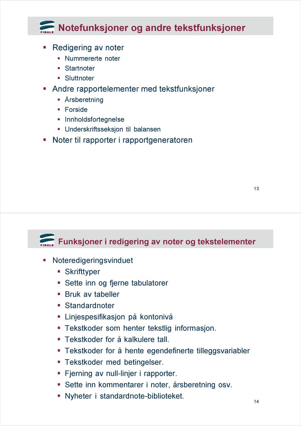 Skrifttyper Sette inn og fjerne tabulatorer Bruk av tabeller Standardnoter Linjespesifikasjon på kontonivå Tekstkoder som henter tekstlig informasjon.