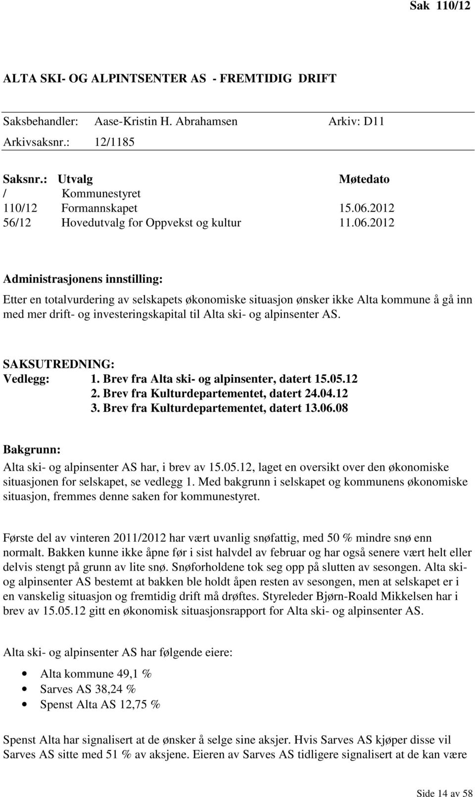 og investeringskapital til Alta ski- og alpinsenter AS. SAKSUTREDNING: Vedlegg: 1. Brev fra Alta ski- og alpinsenter, datert 15.05.12 2. Brev fra Kulturdepartementet, datert 24.04.12 3.