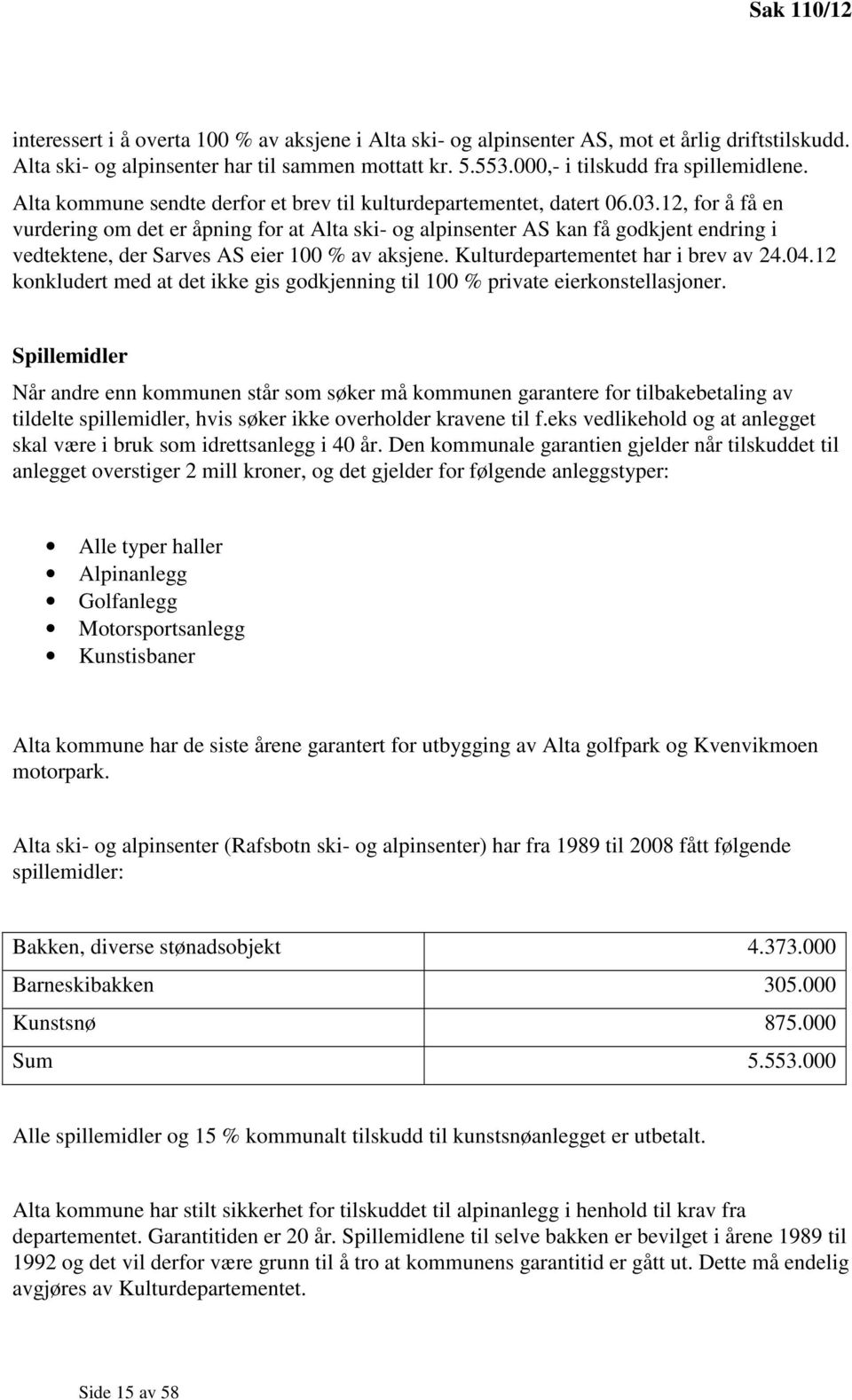 12, for å få en vurdering om det er åpning for at Alta ski- og alpinsenter AS kan få godkjent endring i vedtektene, der Sarves AS eier 100 % av aksjene. Kulturdepartementet har i brev av 24.04.