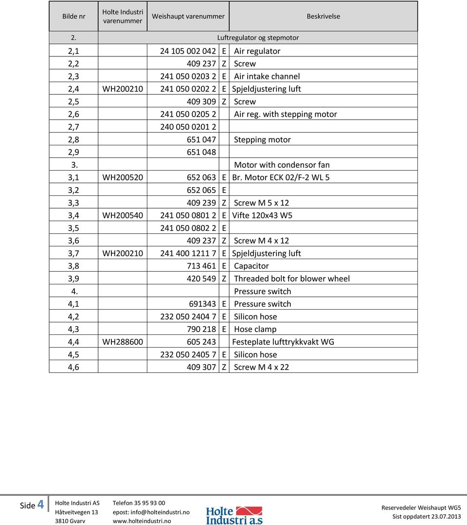 241 050 0205 2 Air reg. with stepping motor 2,7 240 050 0201 2 2,8 651 047 Stepping motor 2,9 651 048 3. Motor with condensor fan 3,1 WH200520 652 063 E Br.