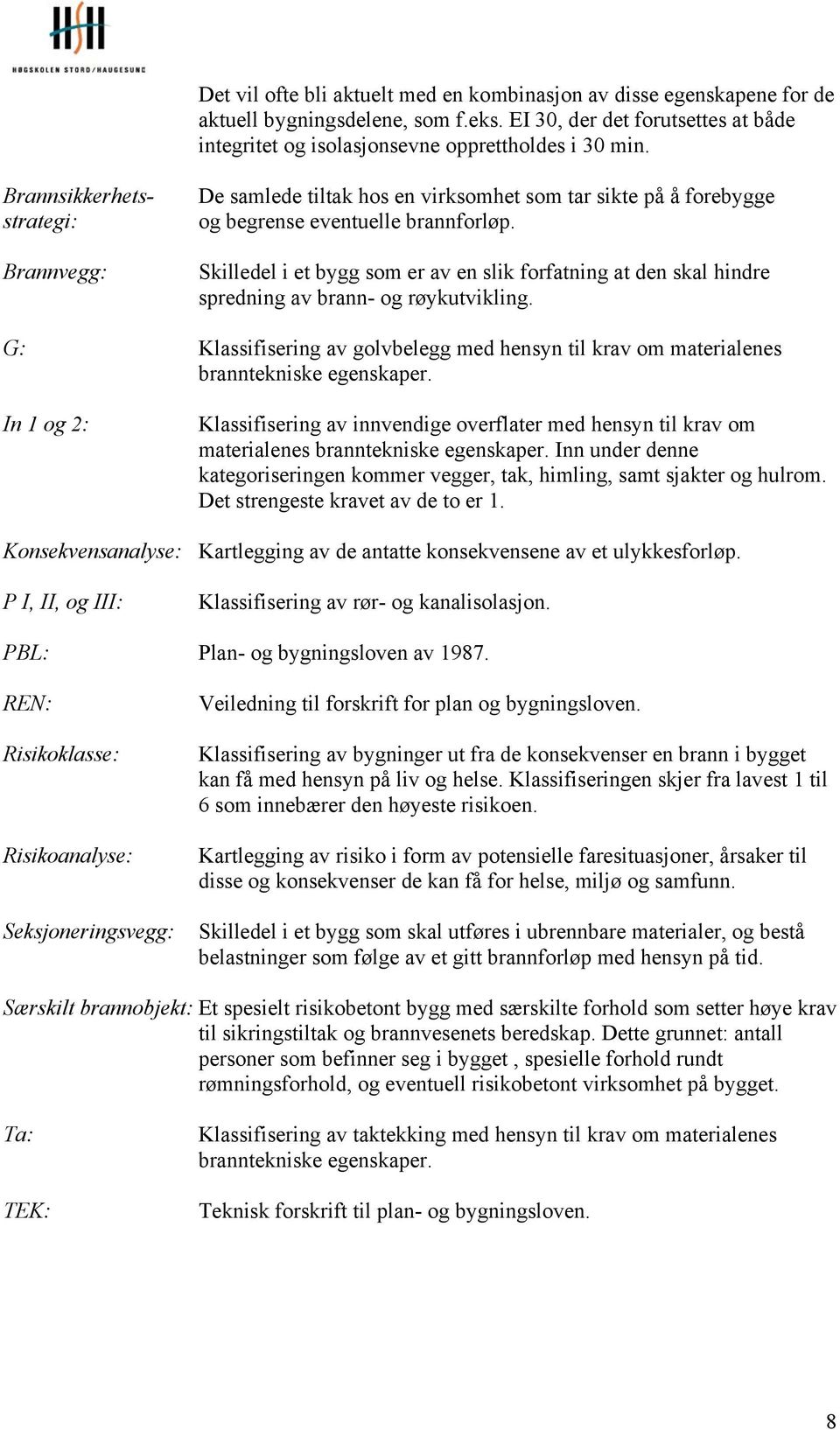 Skilledel i et bygg som er av en slik forfatning at den skal hindre spredning av brann- og røykutvikling. G: Klassifisering av golvbelegg med hensyn til krav om materialenes branntekniske egenskaper.