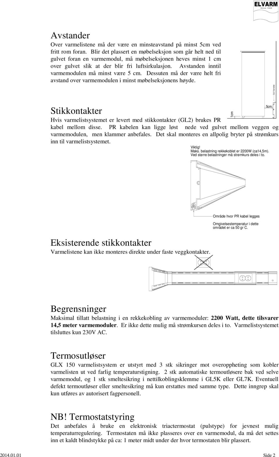 Avstanden inntil varmemodulen må minst være 5 cm. Dessuten må der være helt fri avstand over varmemodulen i minst møbelseksjonens høyde.