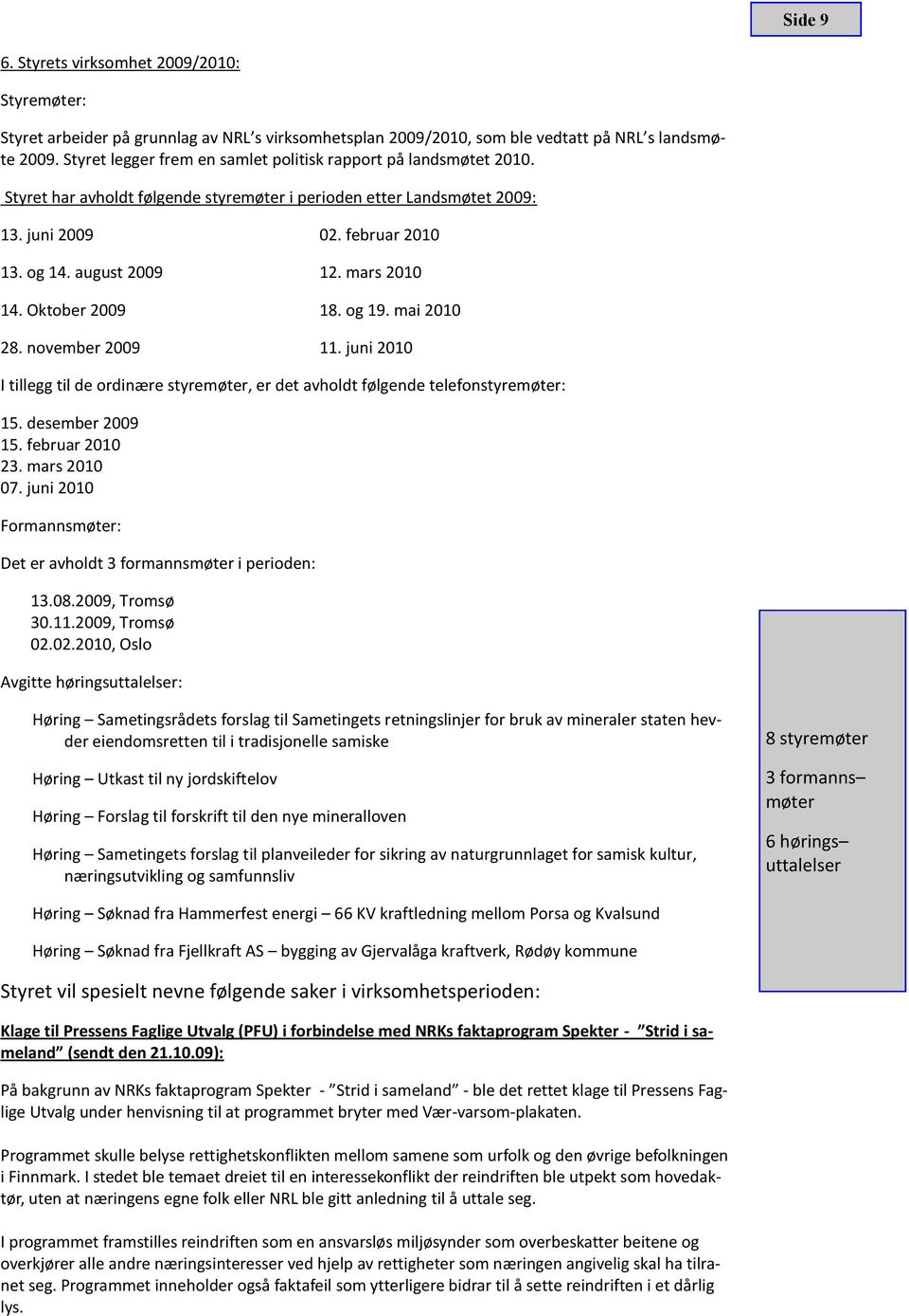mars 2010 14. Oktober 2009 18. og 19. mai 2010 28. november 2009 11. juni 2010 I tillegg til de ordinære styremøter, er det avholdt følgende telefonstyremøter: 15. desember 2009 15. februar 2010 23.