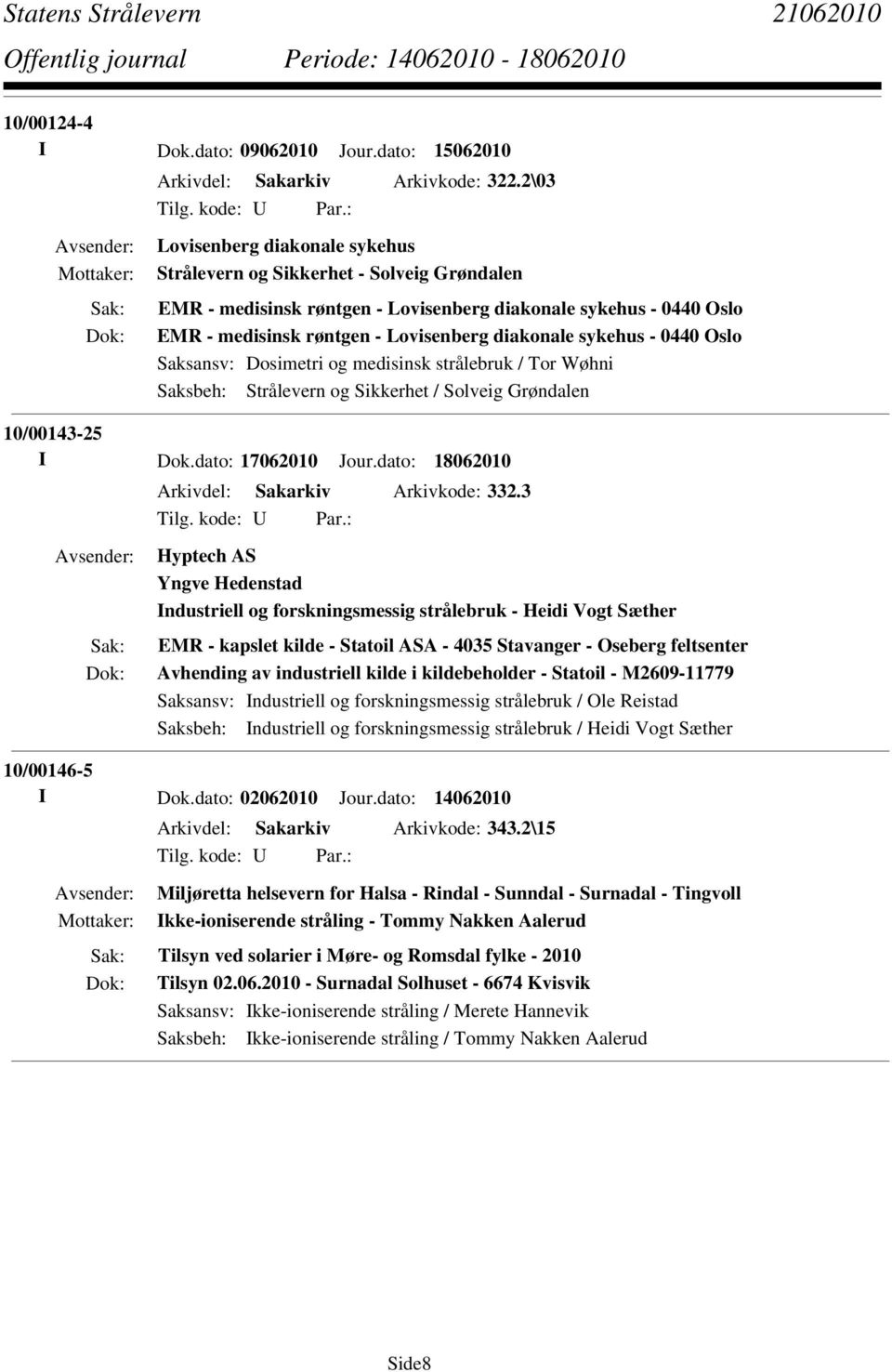 medisinsk strålebruk / Tor Wøhni 10/00143-25 I Dok.dato: 17062010 Jour.dato: 18062010 Arkivdel: Sakarkiv Arkivkode: 332.