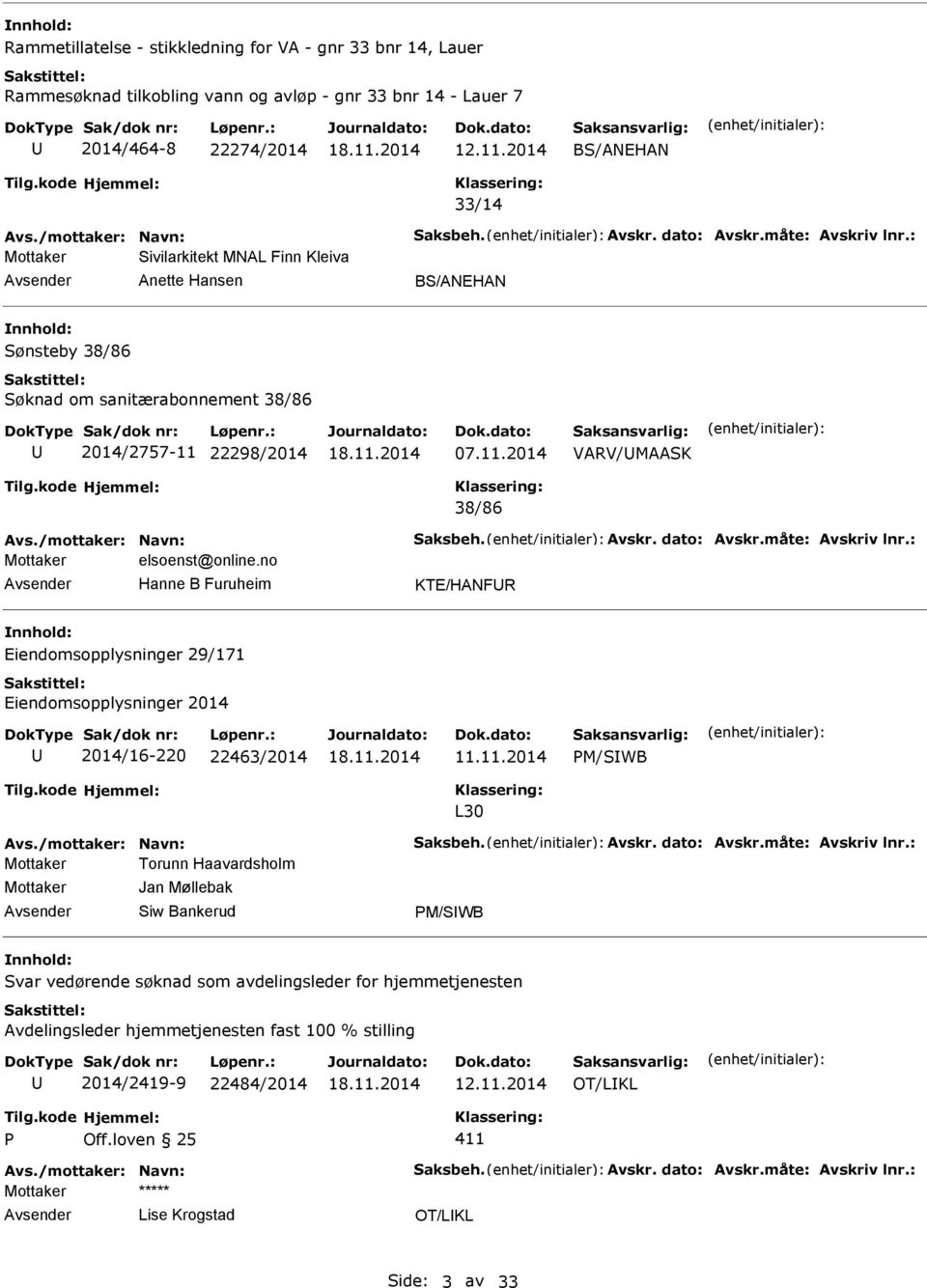 22298/2014 07.11.2014 VARV/MAASK 38/86 Avs./mottaker: Navn: Saksbeh. Avskr. dato: Avskr.måte: Avskriv lnr.: elsoenst@online.