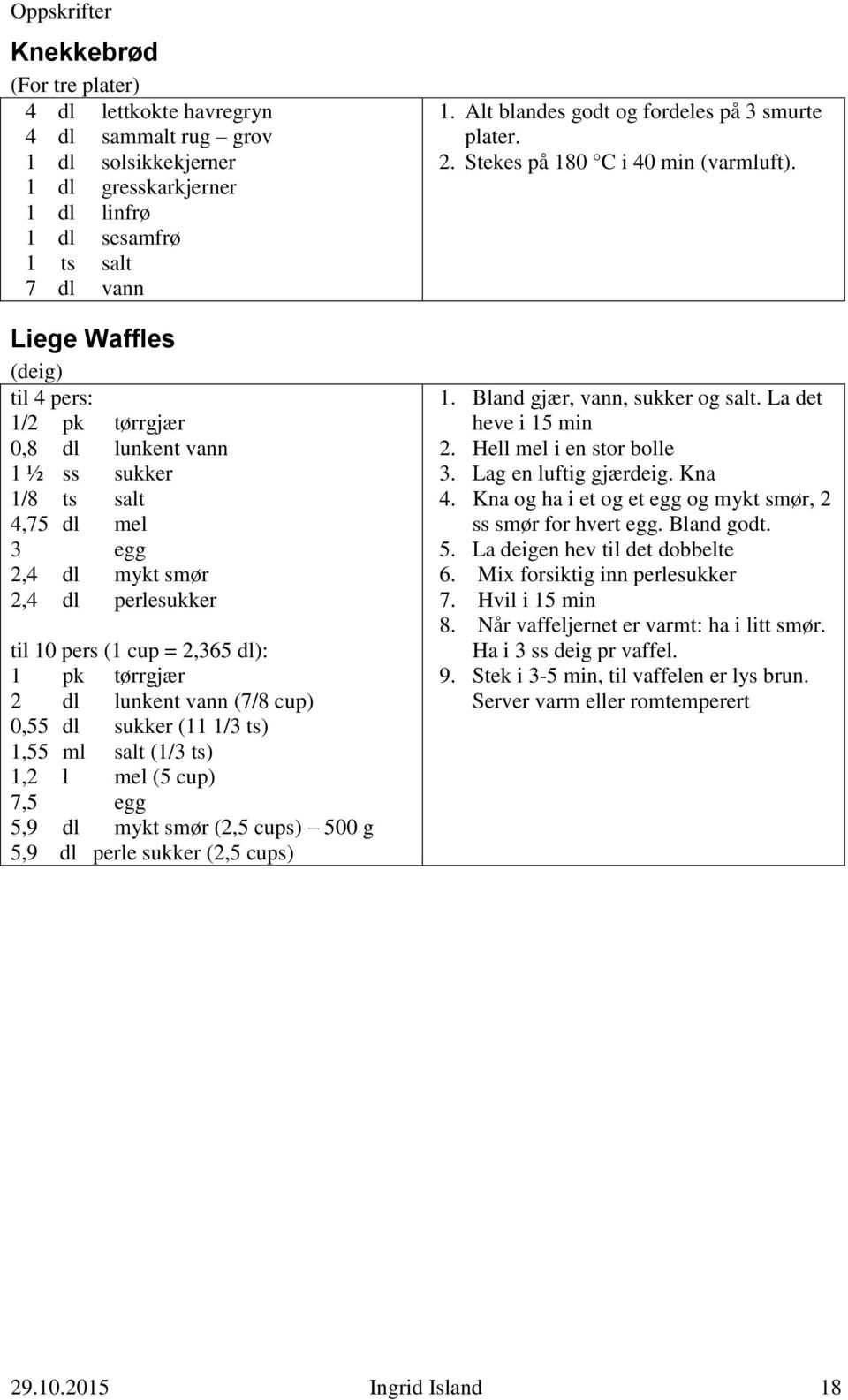 sukker (11 1/3 ts) 1,55 ml salt (1/3 ts) 1,2 l mel (5 cup) 7,5 egg 5,9 dl mykt smør (2,5 cups) 500 g 5,9 dl perle sukker (2,5 cups) 1. Alt blandes godt og fordeles på 3 smurte plater. 2.