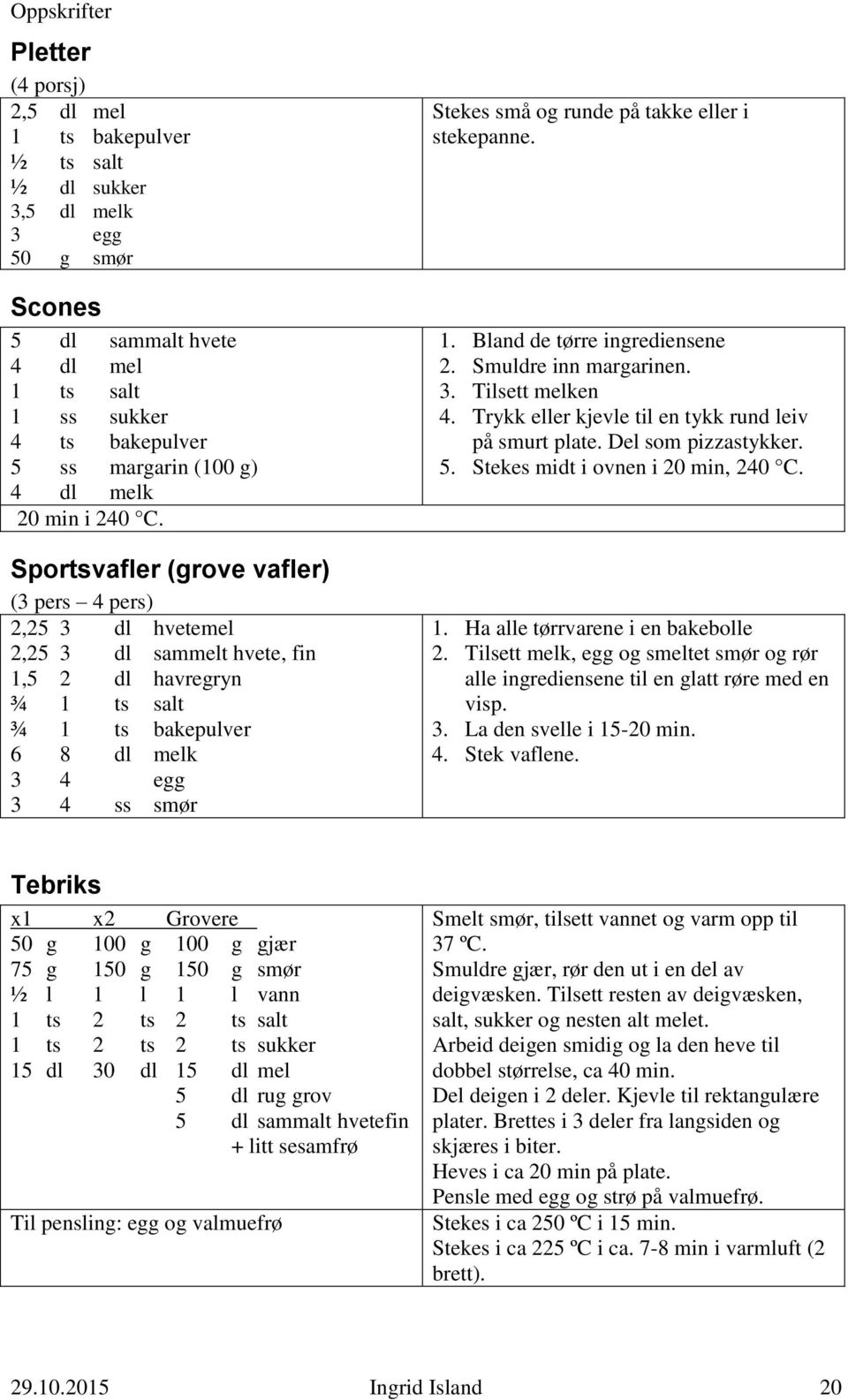 Sportsvafler (grove vafler) (3 pers 4 pers) 2,25 3 dl hvetemel 2,25 3 dl sammelt hvete, fin 1,5 2 dl havregryn ¾ 1 ts salt ¾ 1 ts bakepulver 6 8 dl melk 3 4 egg 3 4 ss smør Stekes små og runde på