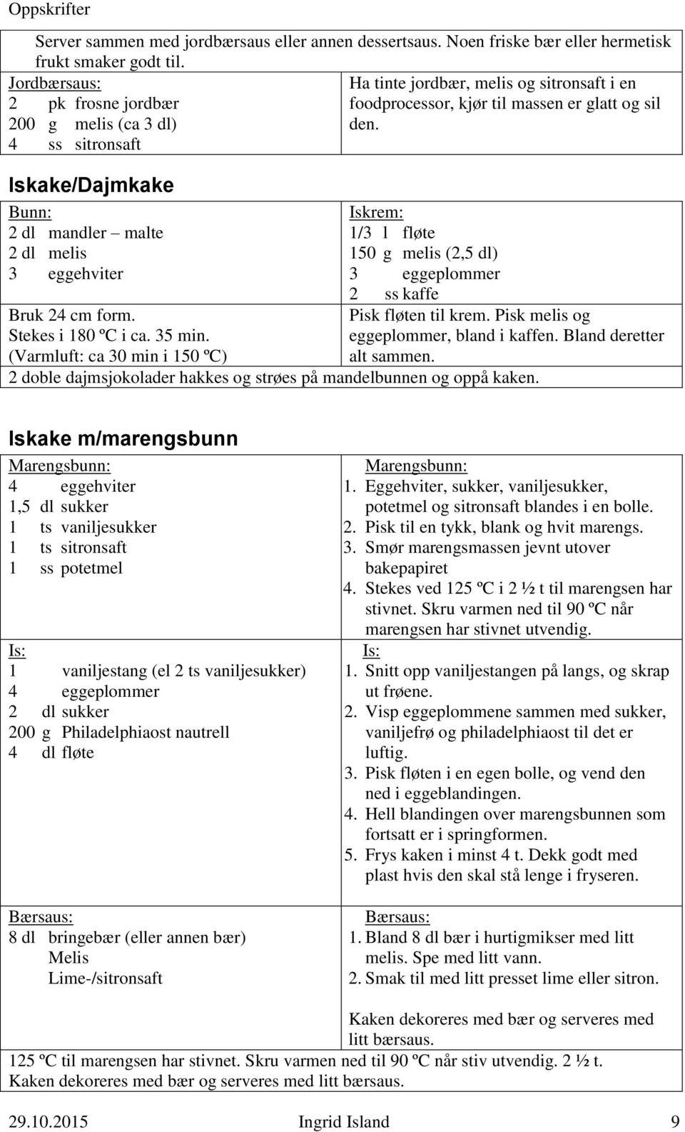 4 ss sitronsaft Iskake/Dajmkake Bunn: 2 dl mandler malte 2 dl melis 3 eggehviter Bruk 24 cm form. Stekes i 180 ºC i ca. 35 min.