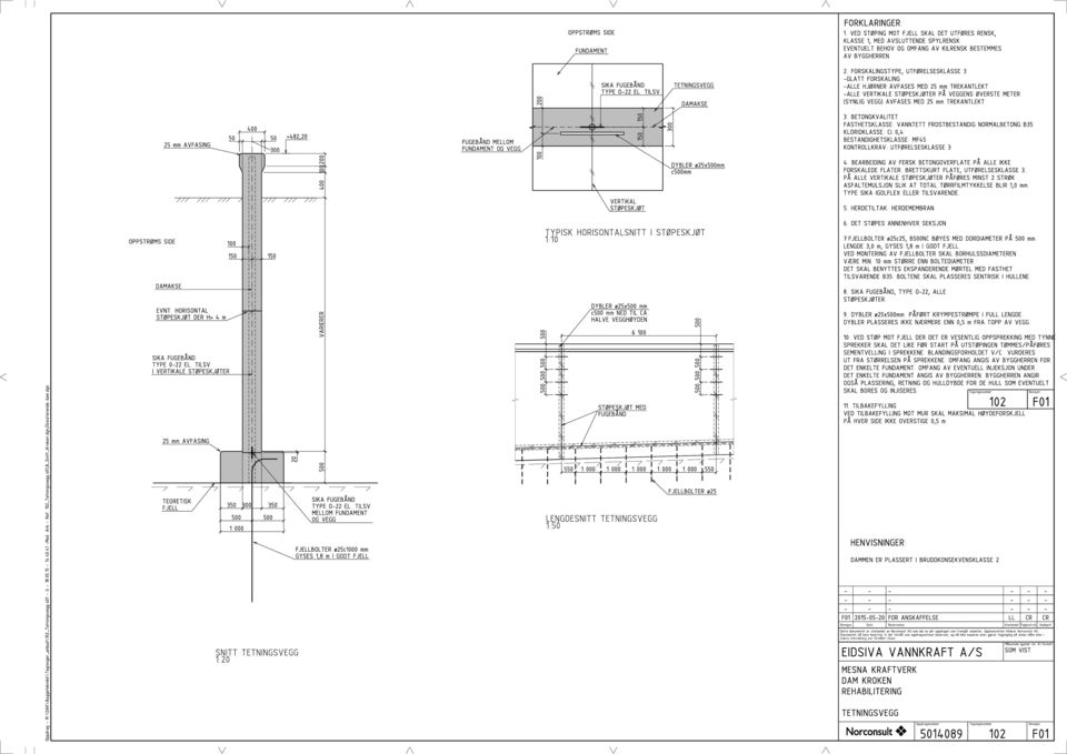 dgn OPPSTRMS SIDE 25 mm AVFASING DAMAKSE EVNT. HORISONTAL STPESKJT DER H> 4 m SIKA FUGEB ND TYPE 0-22 EL. TILSV.
