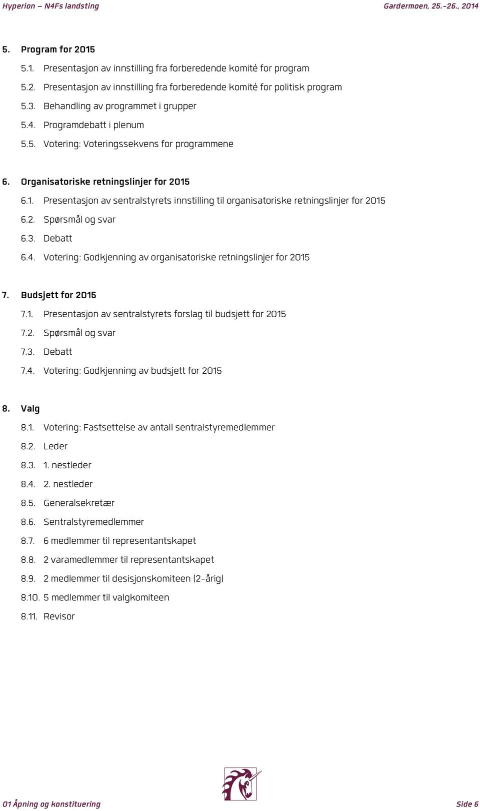 6.1. Presentasjon av sentralstyrets innstilling til organisatoriske retningslinjer for 2015 6.2. Spørsmål og svar 6.3. Debatt 6.4. Votering: Godkjenning av organisatoriske retningslinjer for 2015 7.