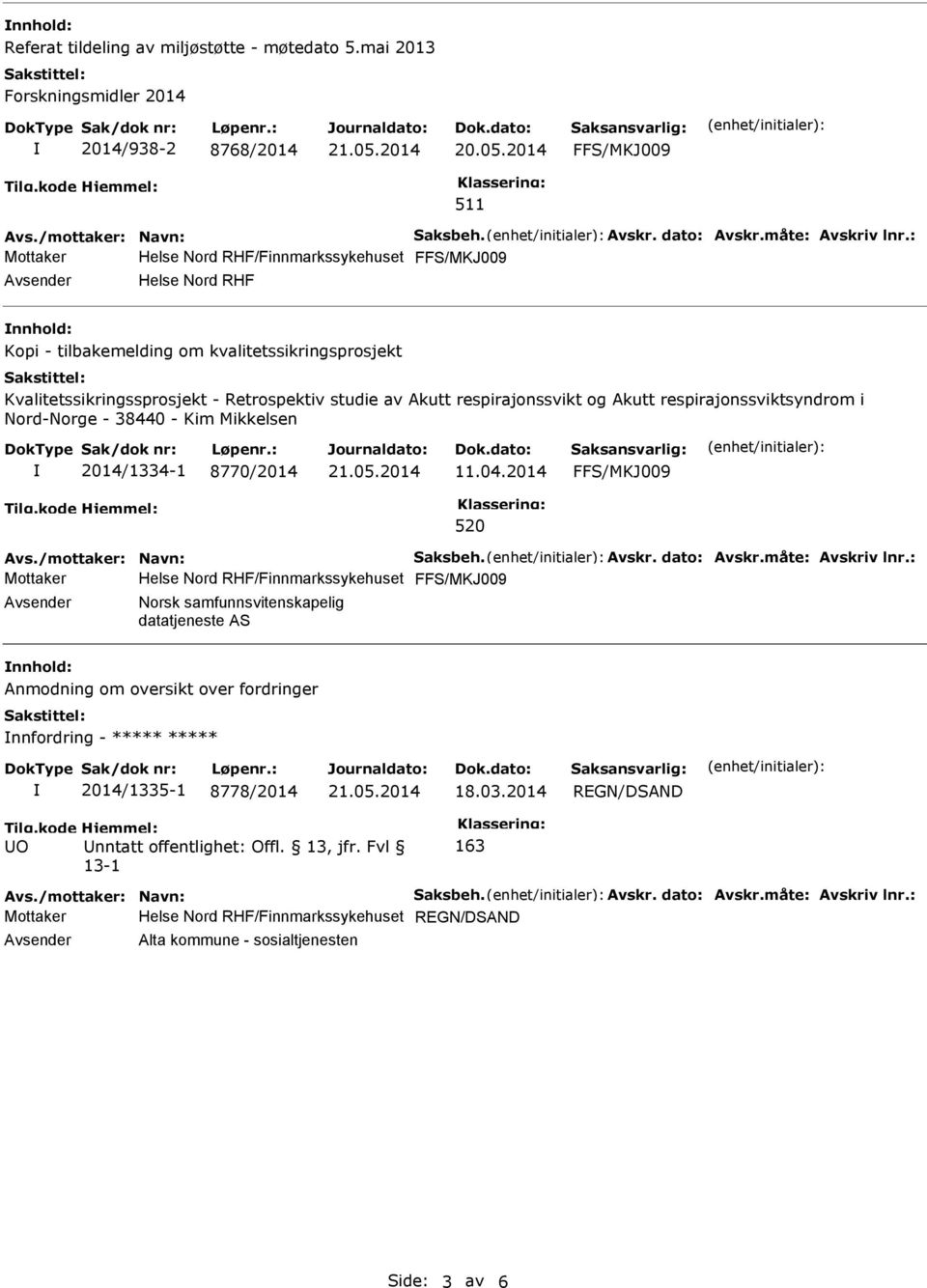 respirajonssvikt og Akutt respirajonssviktsyndrom i Nord-Norge - 38440 - Kim Mikkelsen 2014/1334-1 8770/2014 11.04.2014 FFS/MKJ009 520 Avs./mottaker: Navn: Saksbeh. Avskr. dato: Avskr.