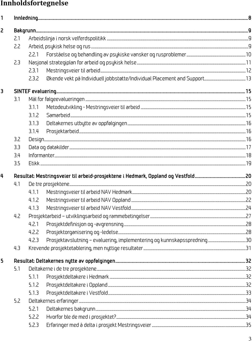 .. 13 3 SINTEF evaluering... 15 3.1 Mål for følgeevalueringen... 15 3.1.1 Metodeutvikling - Mestringsveier til arbeid... 15 3.1.2 Samarbeid... 15 3.1.3 Deltakernes utbytte av oppfølgingen... 16 3.1.4 Prosjektarbeid.