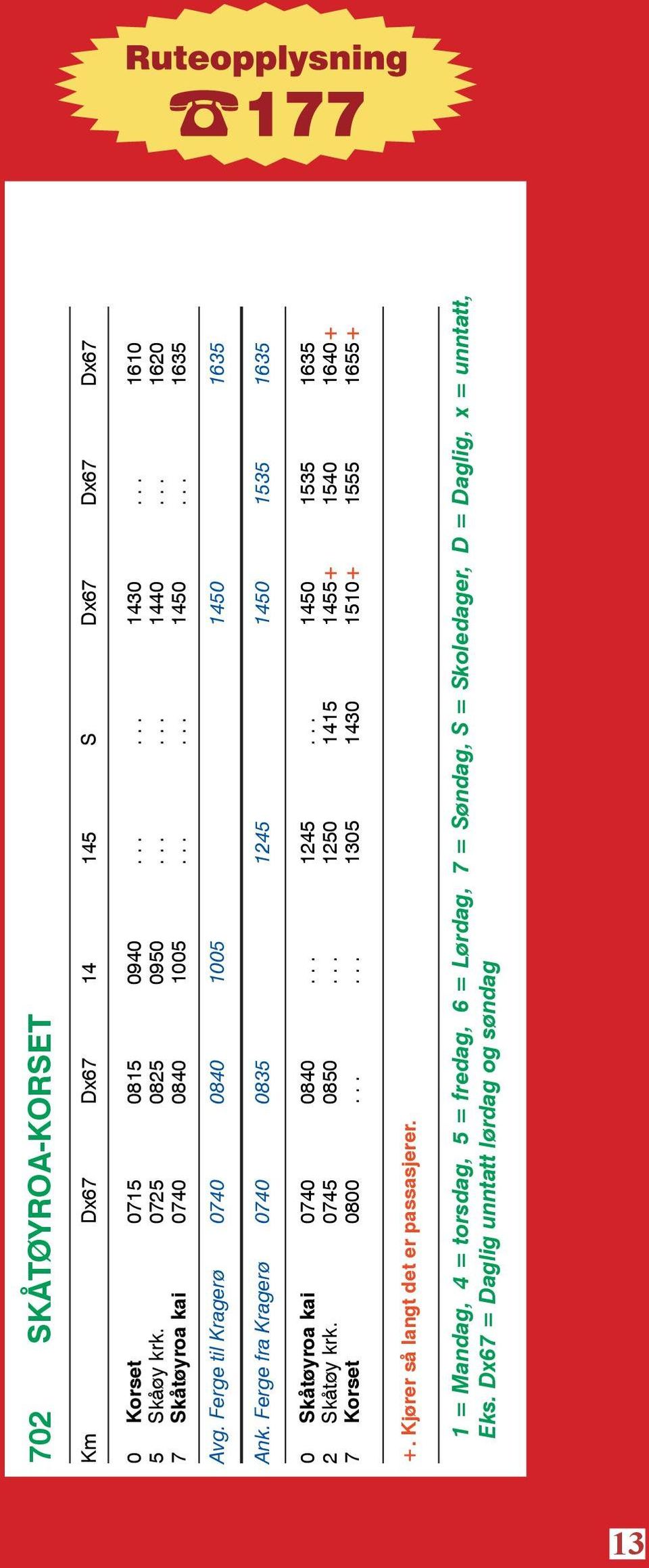 Ferge fra Kragerø 0740 0835 1245 1450 1535 1635 0 Skåtøyroa kai 0740 0840... 1245... 1450 1535 1635 2 Skåtøy krk. 0745 0850.