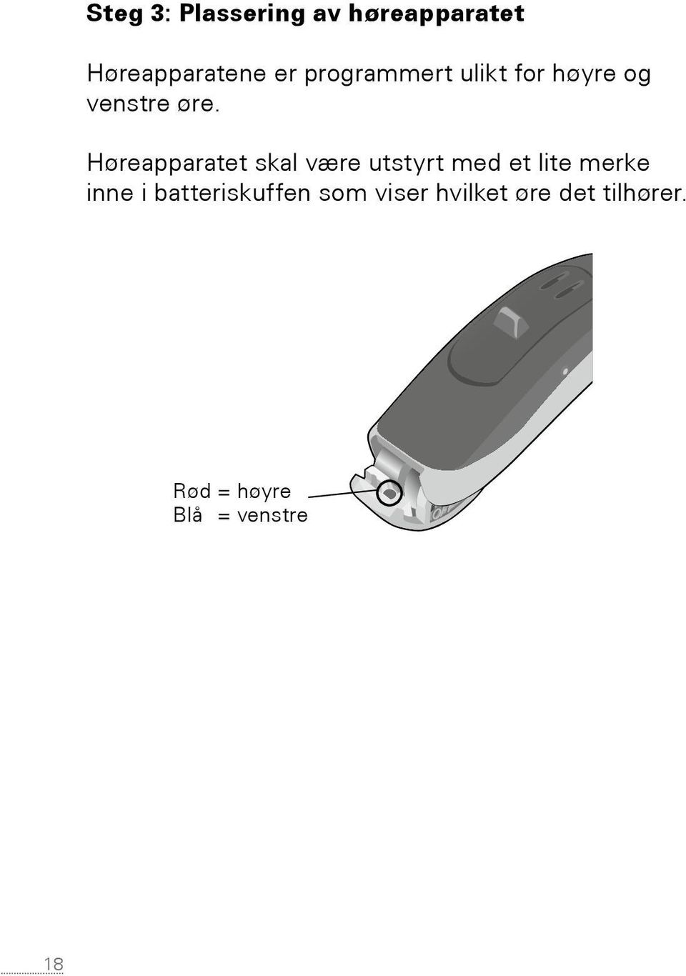 Høreapparatet skal være utstyrt med et lite merke inne i batteriskuffen