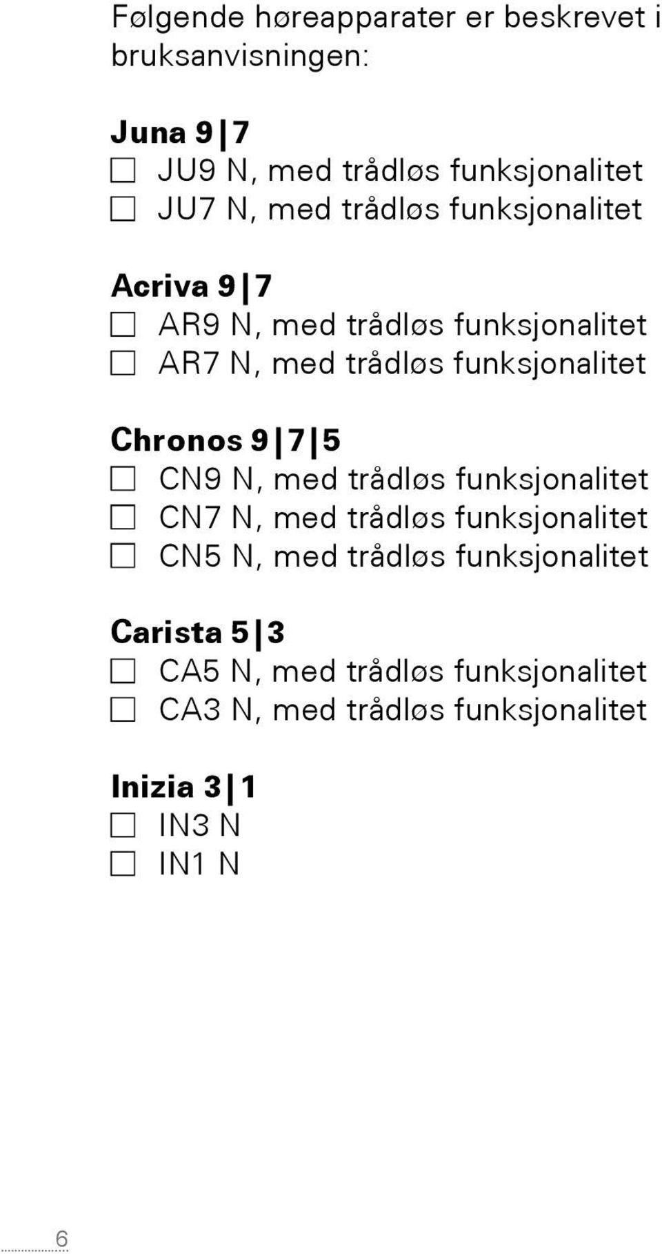 Chronos 9 7 5 CN9 N, med trådløs funksjonalitet CN7 N, med trådløs funksjonalitet CN5 N, med trådløs