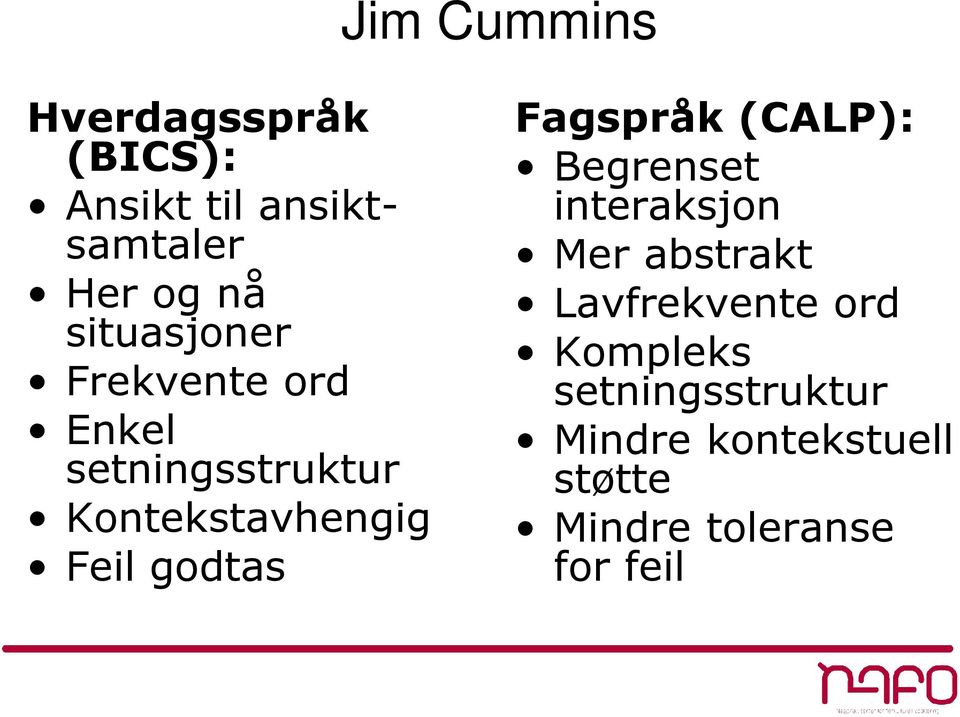 godtas Fagspråk (CALP): Begrenset interaksjon Mer abstrakt Lavfrekvente