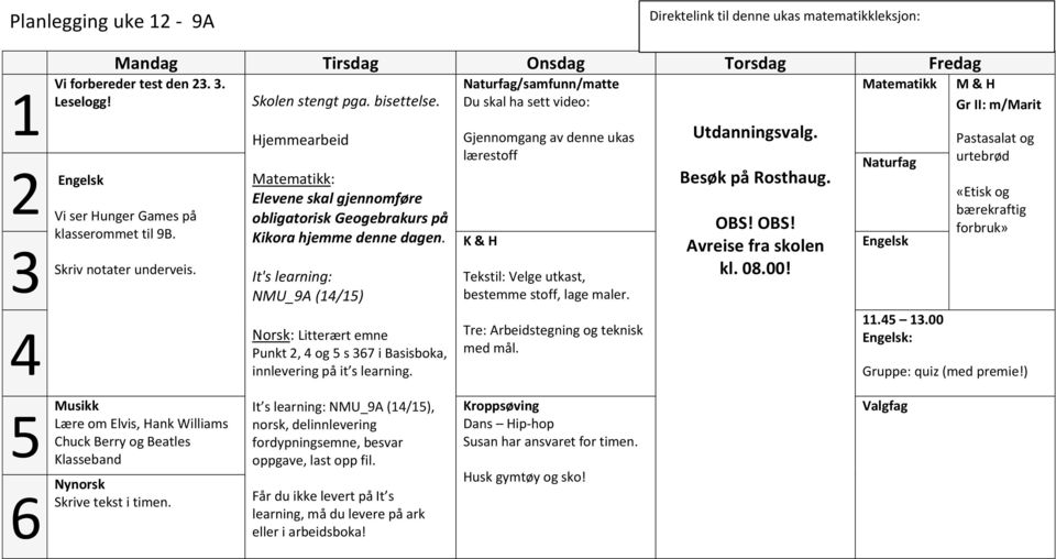 It's learning: NMU_9A (/) : Litterært emne Punkt, og s 7 i Basisboka, innlevering på it s learning. /samfunn/matte Du skal ha sett video: Gjennomgang av denne ukas lærestoff K & H Utdanningsvalg.