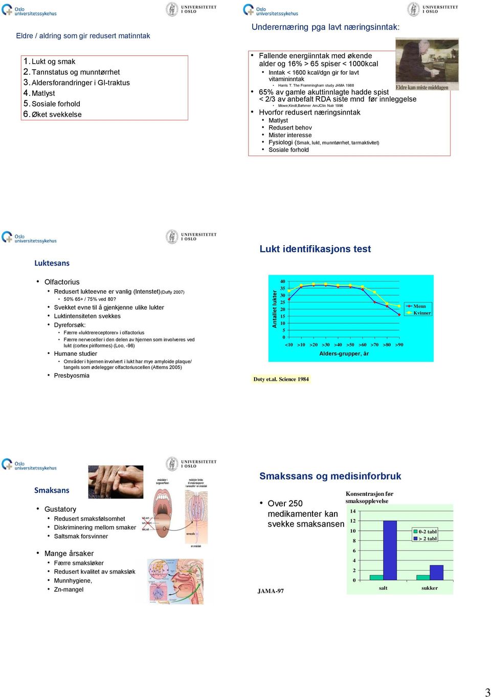 The Frammingham study JAMA 1988 65% av gamle akuttinnlagte hadde spist < 2/3 av anbefalt RDA siste mnd før innleggelse Mowe,Kindt,Bøhmer AmJClin Nutr 1996 Hvorfor redusert næringsinntak Matlyst