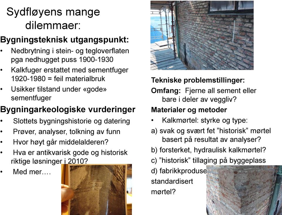 Hva er antikvarisk gode og historisk riktige løsninger i 2010? Med mer. Tekniske problemstillinger: Omfang: Fjerne all sement eller bare i deler av veggliv?