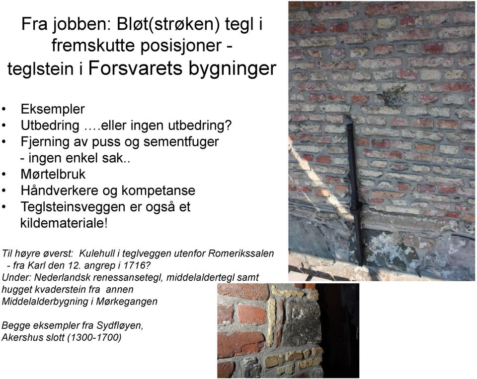 Til høyre øverst: Kulehull i teglveggen utenfor Romerikssalen - fra Karl den 12. angrep i 1716?