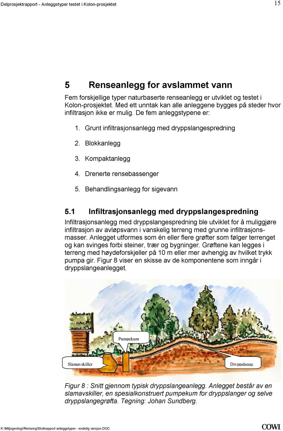 med dryppslangespredning Infiltrasjonsanlegg med dryppslangespredning ble utviklet for å muliggjøre infiltrasjon av avløpsvann i vanskelig terreng med grunne infiltrasjonsmasser Anlegget utformes som