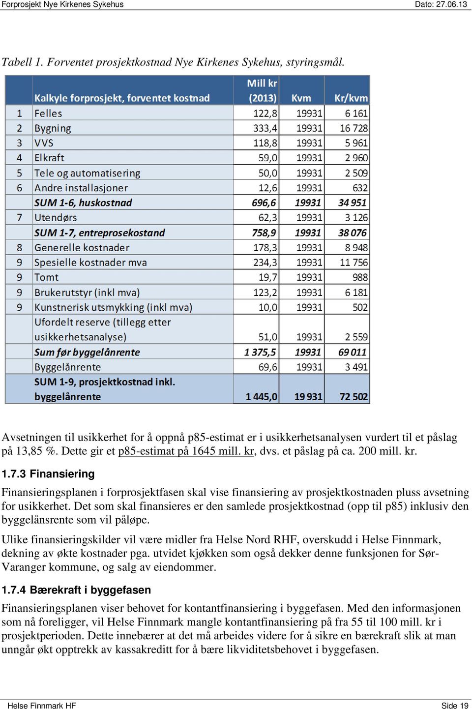 3 Finansiering Finansieringsplanen i forprosjektfasen skal vise finansiering av prosjektkostnaden pluss avsetning for usikkerhet.