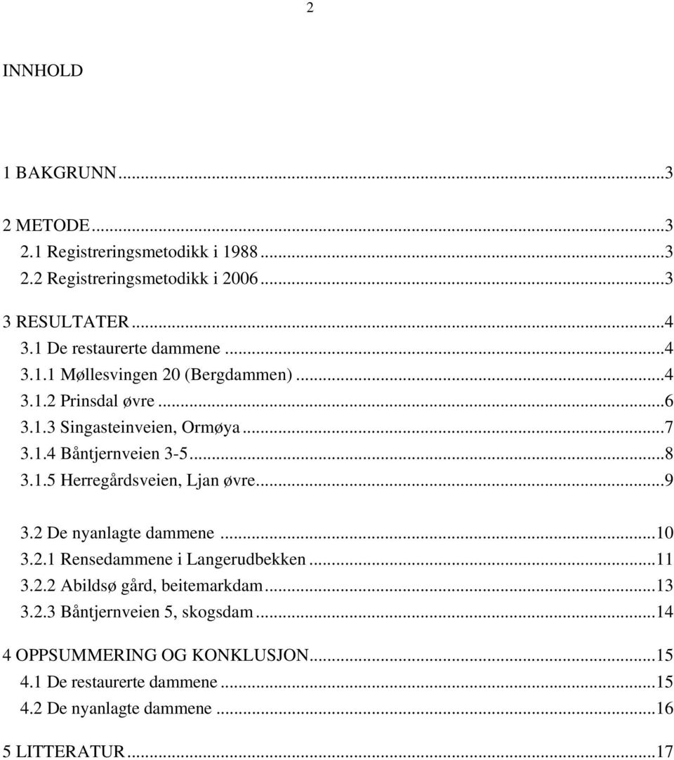 ..8 3.1.5 Herregårdsveien, Ljan øvre...9 3.2 De nyanlagte dammene...10 3.2.1 Rensedammene i Langerudbekken...11 3.2.2 Abildsø gård, beitemarkdam.