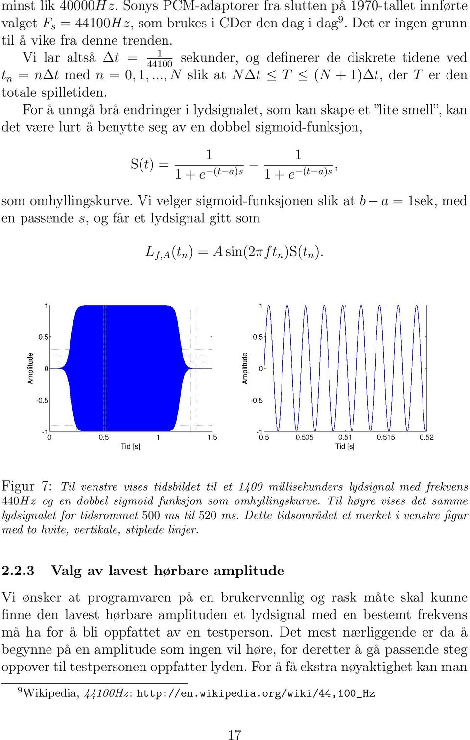 For å unngå brå ringer i lydsignalet, som kan skape et lite smell, kan det være lurt å benytte seg av en dobbel sigmoid-funksjon, S(t) = 1 1 + e 1 (t a)s 1 + e, (t a)s som omhyllingskurve.