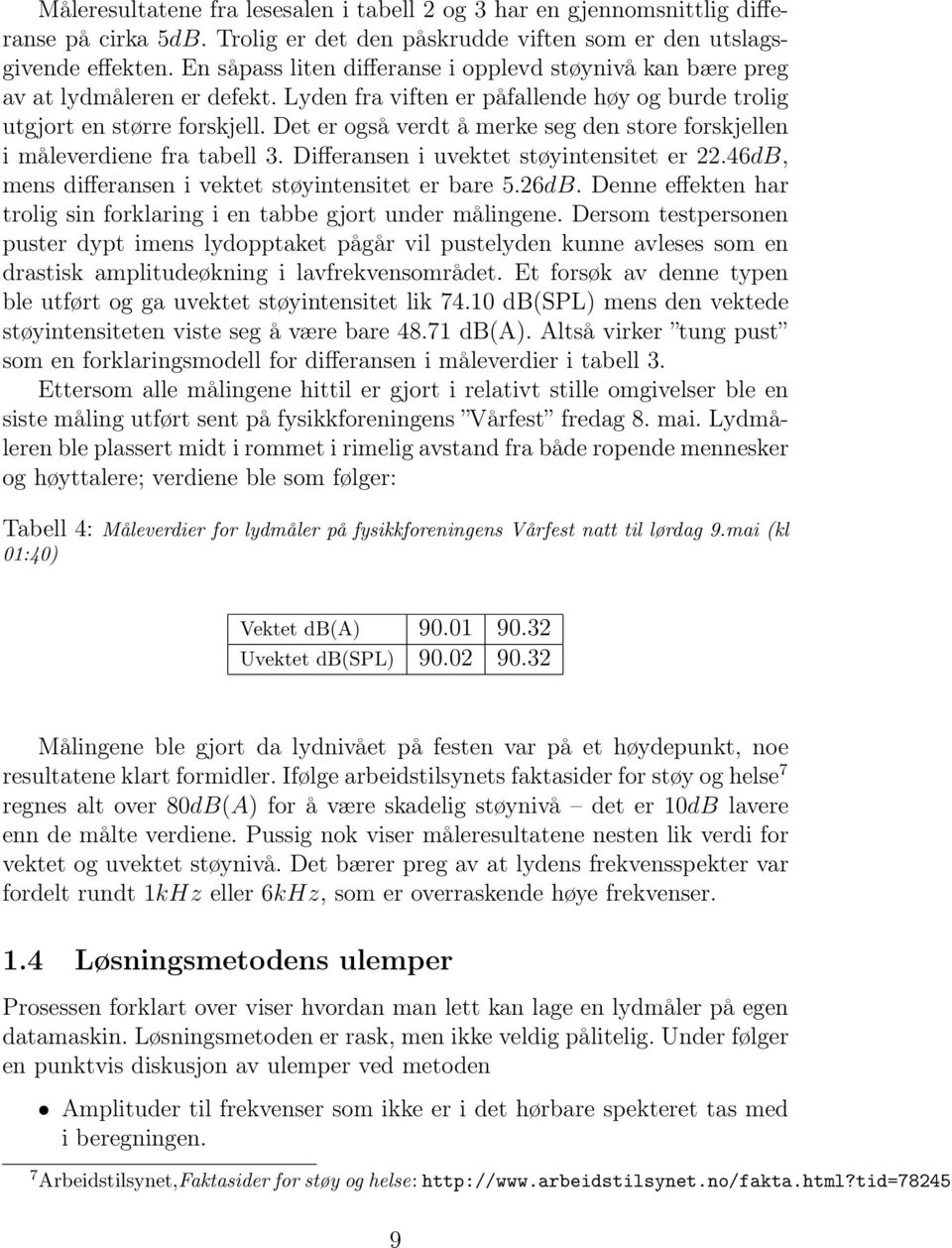 Det er også verdt å merke seg den store forskjellen i måleverdiene fra tabell 3. Differansen i uvektet støyintensitet er 22.46dB, mens differansen i vektet støyintensitet er bare 5.26dB.