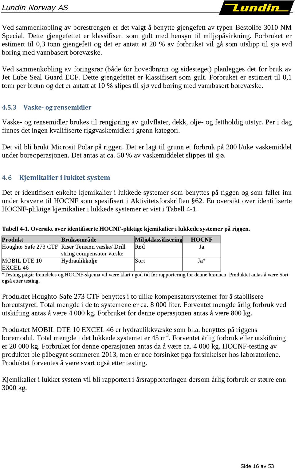 Ved sammenkobling av foringsrør (både for hovedbrønn og sidesteget) planlegges det for bruk av Jet Lube Seal Guard ECF. Dette gjengefettet er klassifisert som gult.