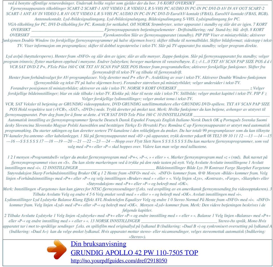 AUDIO IN PC-IN PC DVI-D Euro/AV-kontakt (FBAS). Euro/AV-kontakt (FBAS, RGB). Antennekontakt. Lyd-/bildesignalinngang. Lyd-/bildesignalutgang. Bildesignalinngang S-VHS. Lydsignalinngang for PC.