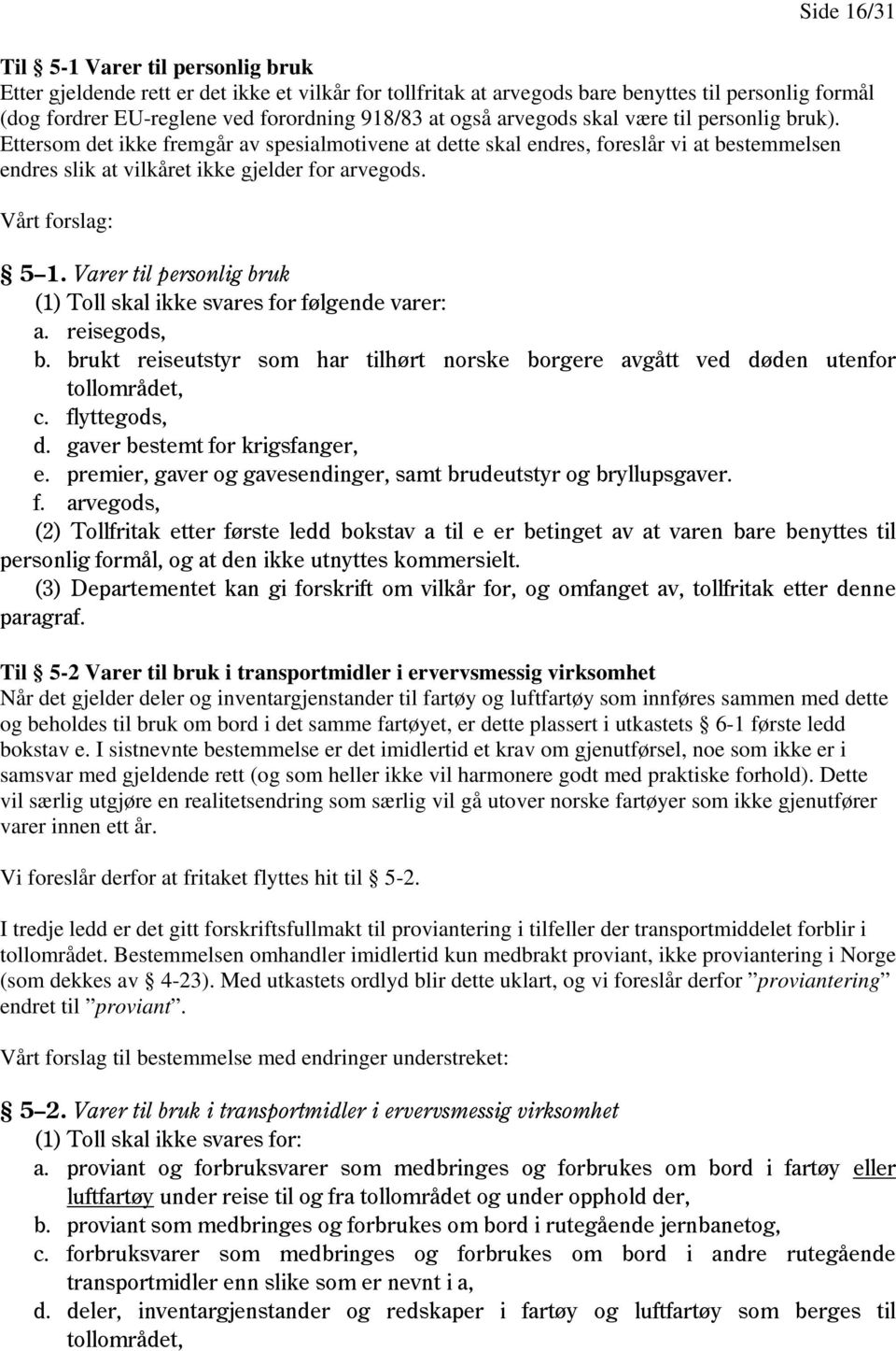 Vårt forslag: 5 1. Varer til personlig bruk (1) Toll skal ikke svares for følgende varer: a. reisegods, b. brukt reiseutstyr som har tilhørt norske borgere avgått ved døden utenfor tollområdet, c.