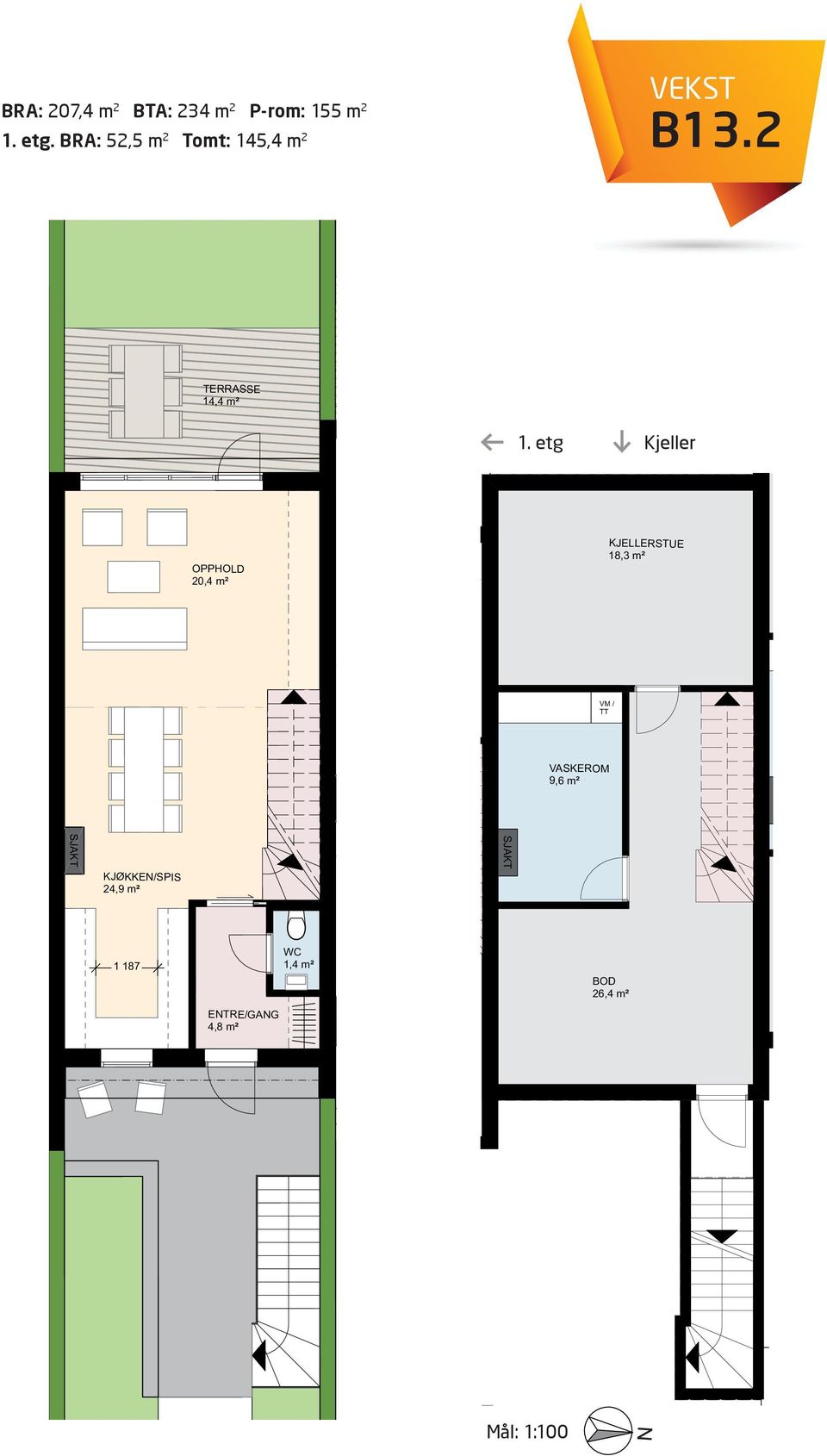 .1 Tot. RA 136,5 m2 13.2 1. etg Kjeller 21,3 m EN/SPIS 24,9 m 2 RA 2.