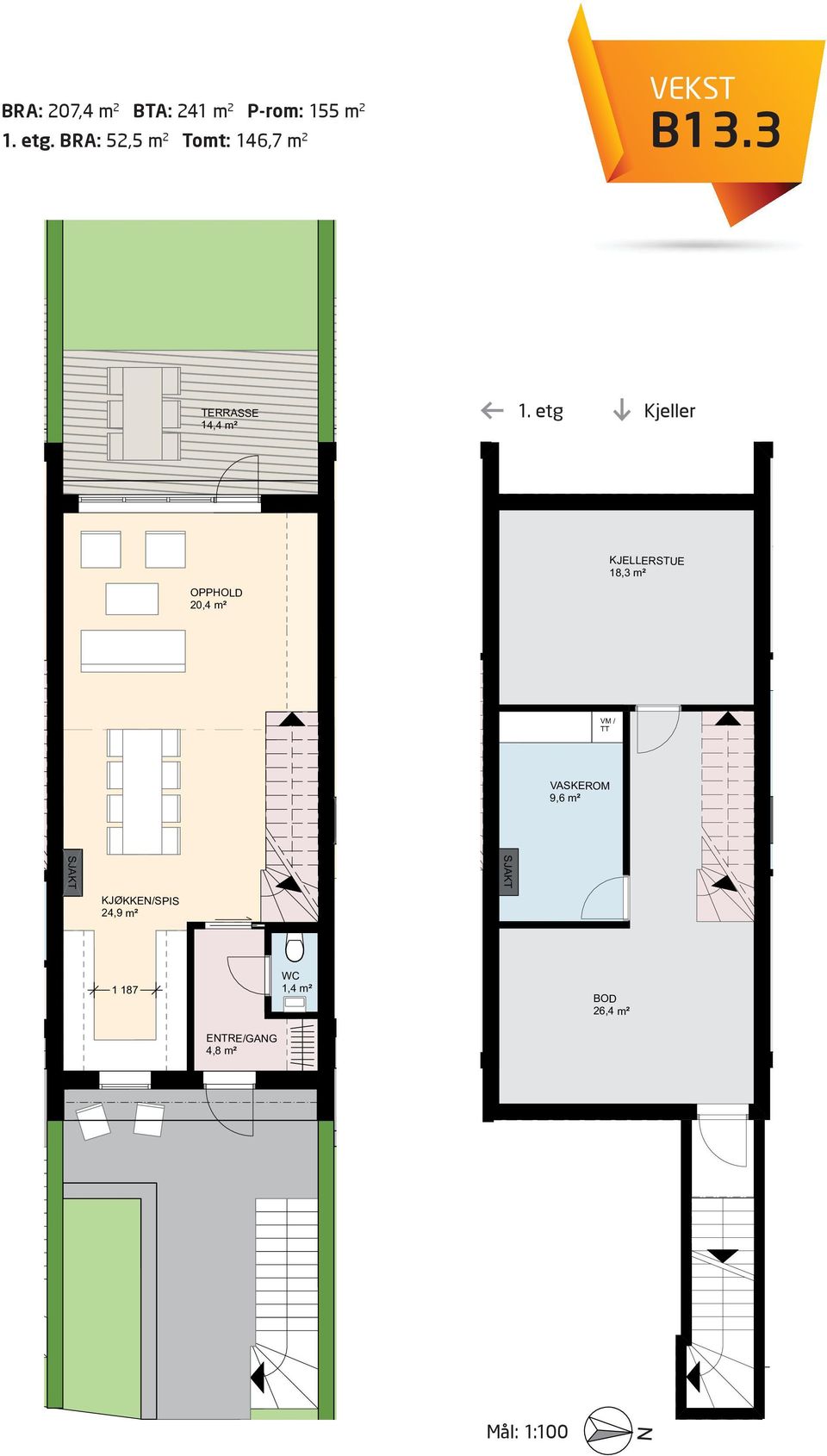 etg Kjeller 21,3 m EN/SPIS 24,9 m 24,9 m 2 RA 2. etasje: 55,4 m 2 TA: 62,4 m 2 1.