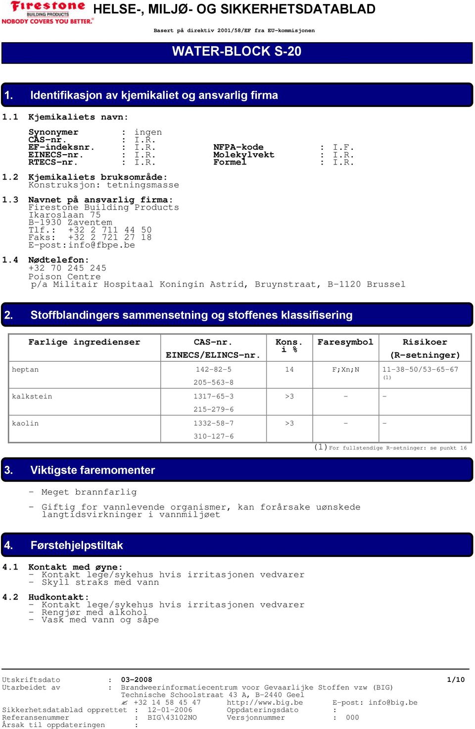 2 Kjemikaliets bruksområde: Konstruksjon: tetningsmasse 1.3 Navnet på ansvarlig firma: Firestone Building Products Ikaroslaan 75 B-1930 Zaventem Tlf.