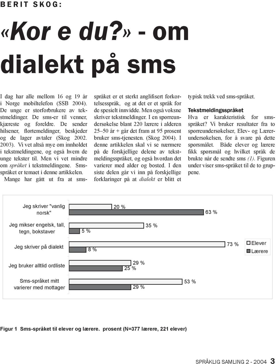 Vi vet altså mye om innholdet i tekstmeldingene, og også hvem de unge tekster til. Men vi vet mindre om språket i tekstmeldingene. Smsspråket er temaet i denne artikkelen.