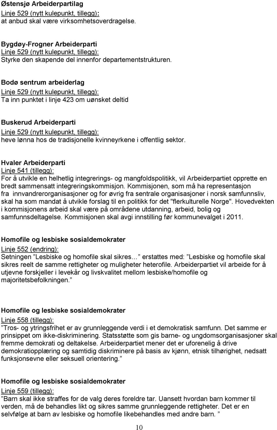 Bodø sentrum arbeiderlag Linje 529 (nytt kulepunkt, tillegg): Ta inn punktet i linje 423 om uønsket deltid Buskerud Arbeiderparti Linje 529 (nytt kulepunkt, tillegg): heve lønna hos de tradisjonelle